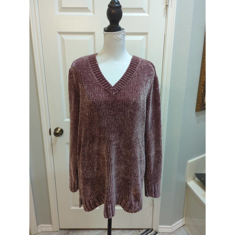 Orvis Womens Large Sweater V Neck Purple Chenille Soft Knit Pullover